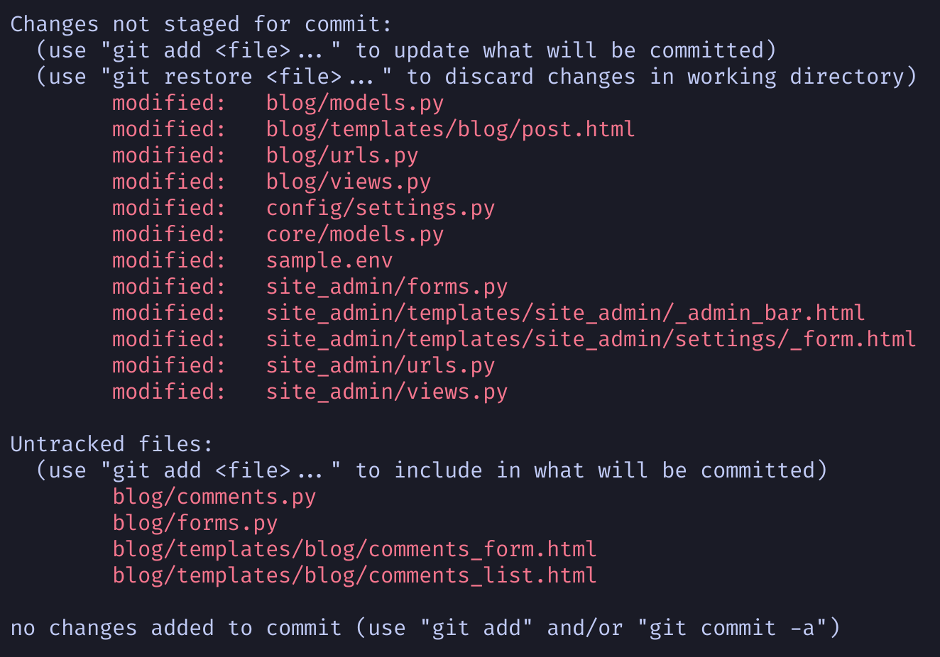 screenshot of a git status output