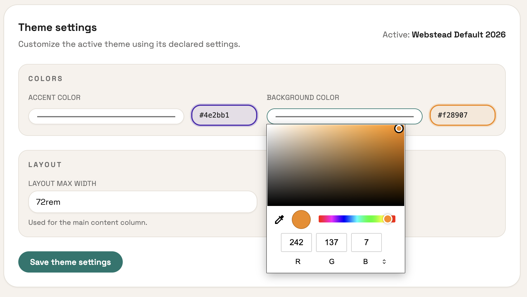 screenshot of theme settings and color picker