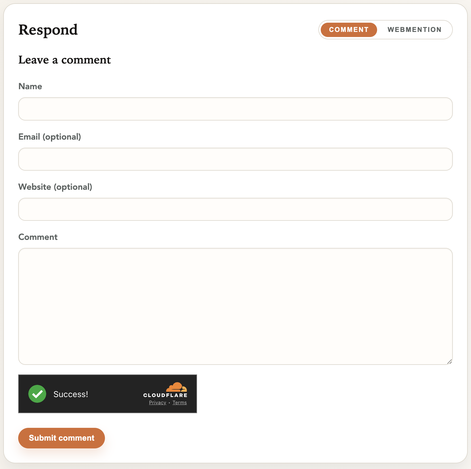 screenshot of comment form