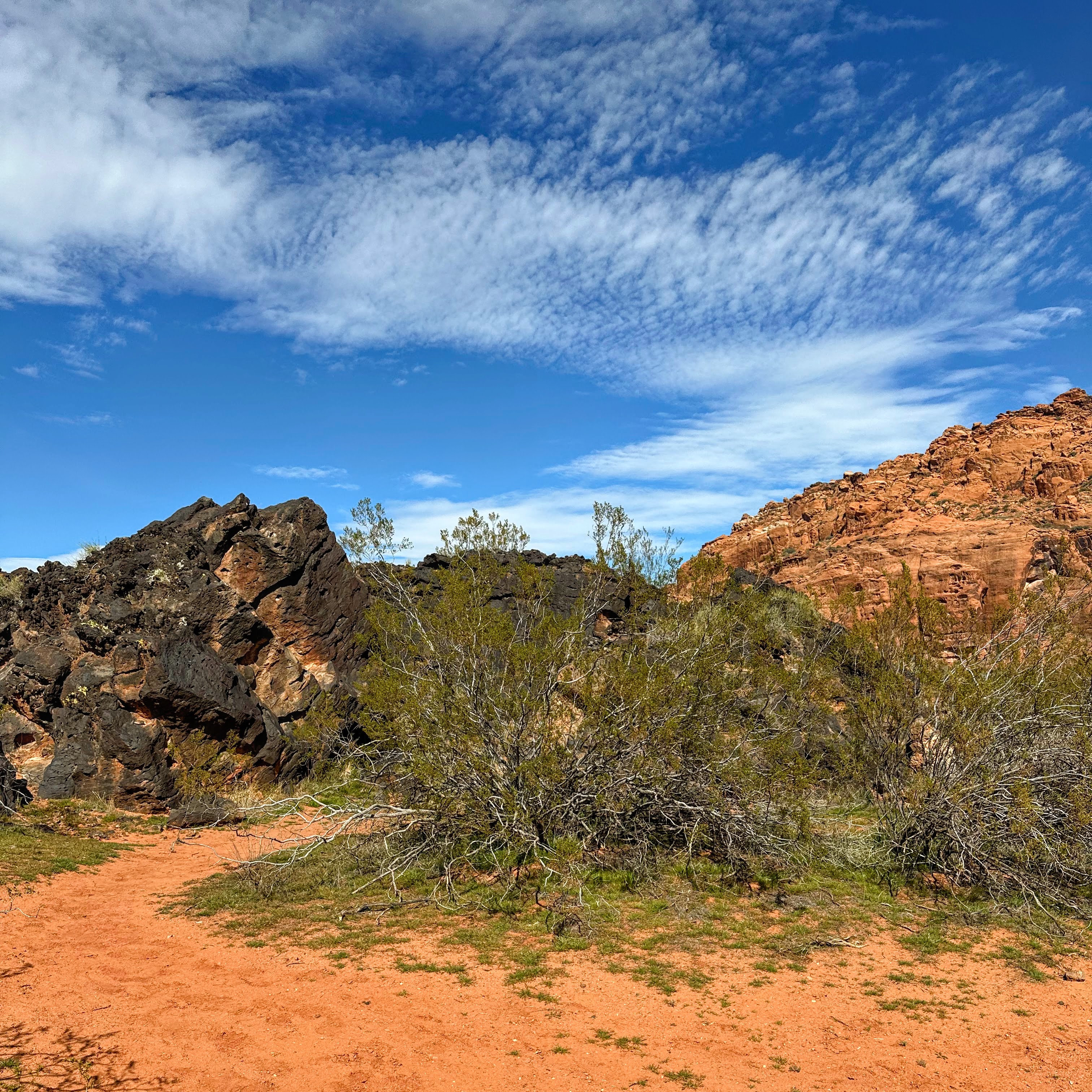 Basalt contrasting against red rocks and blue skies