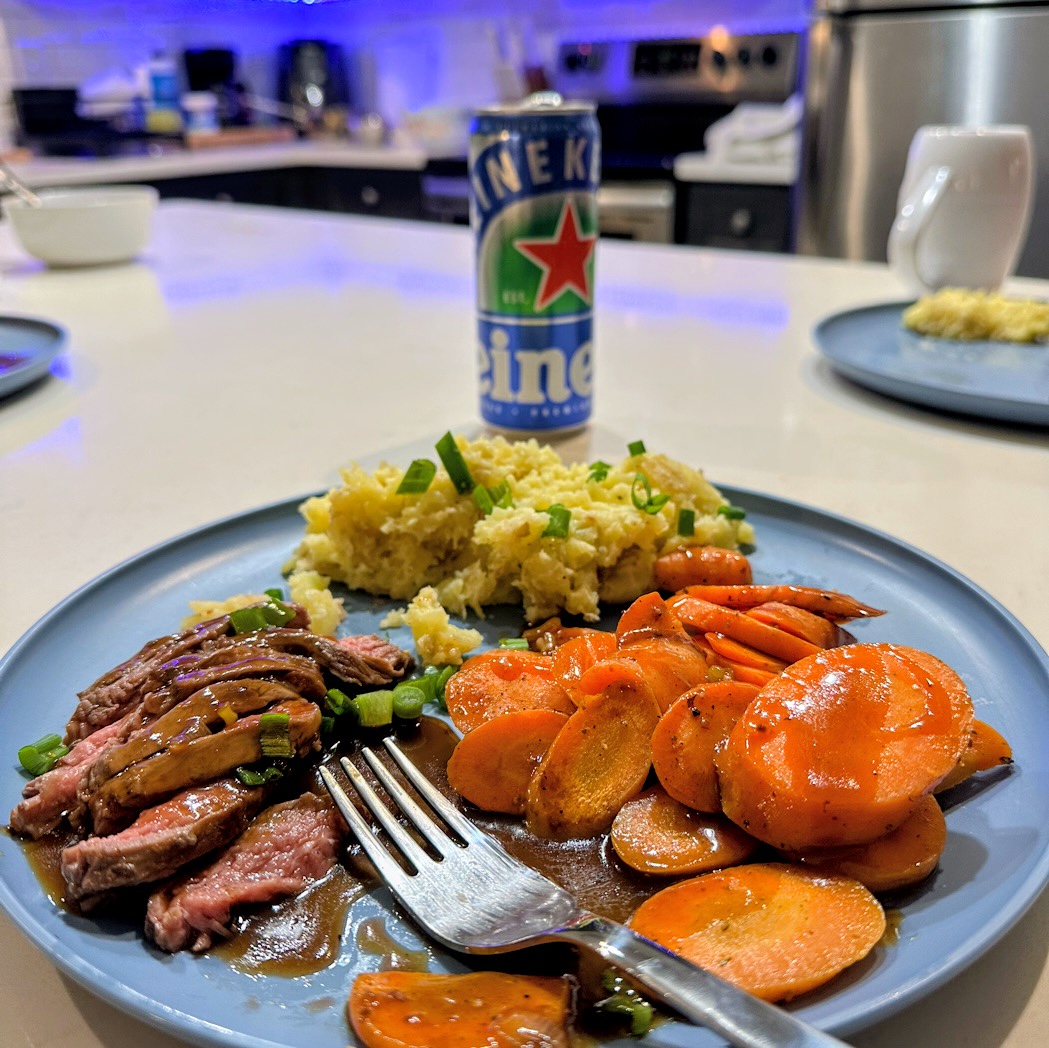 blue apron dinner of steak, carrots, and mashed potatoes 