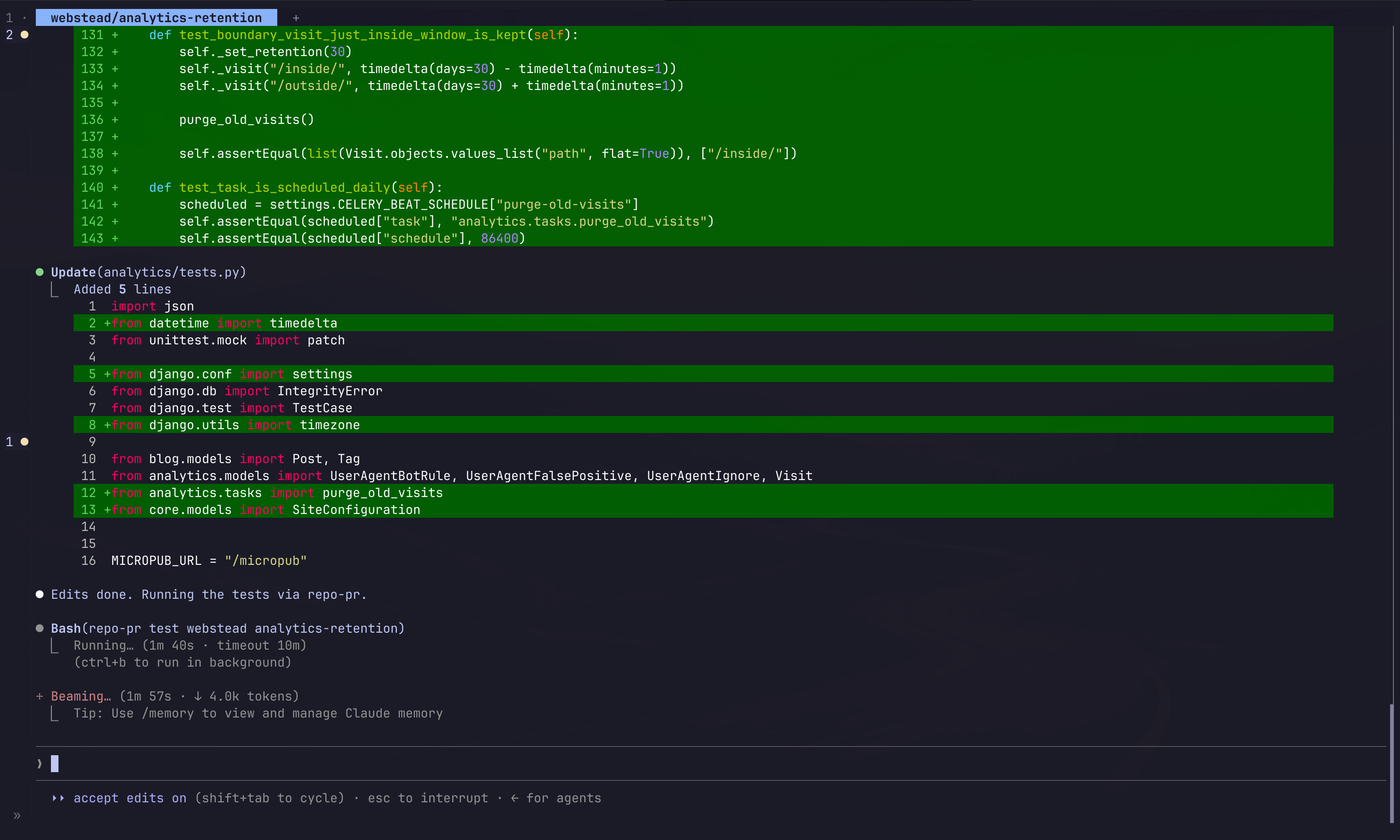 Mako, a Claude coding agent, working in a herdr pane: it has just written tests for a new analytics retention setting in Webstead and is running them through repo-pr test