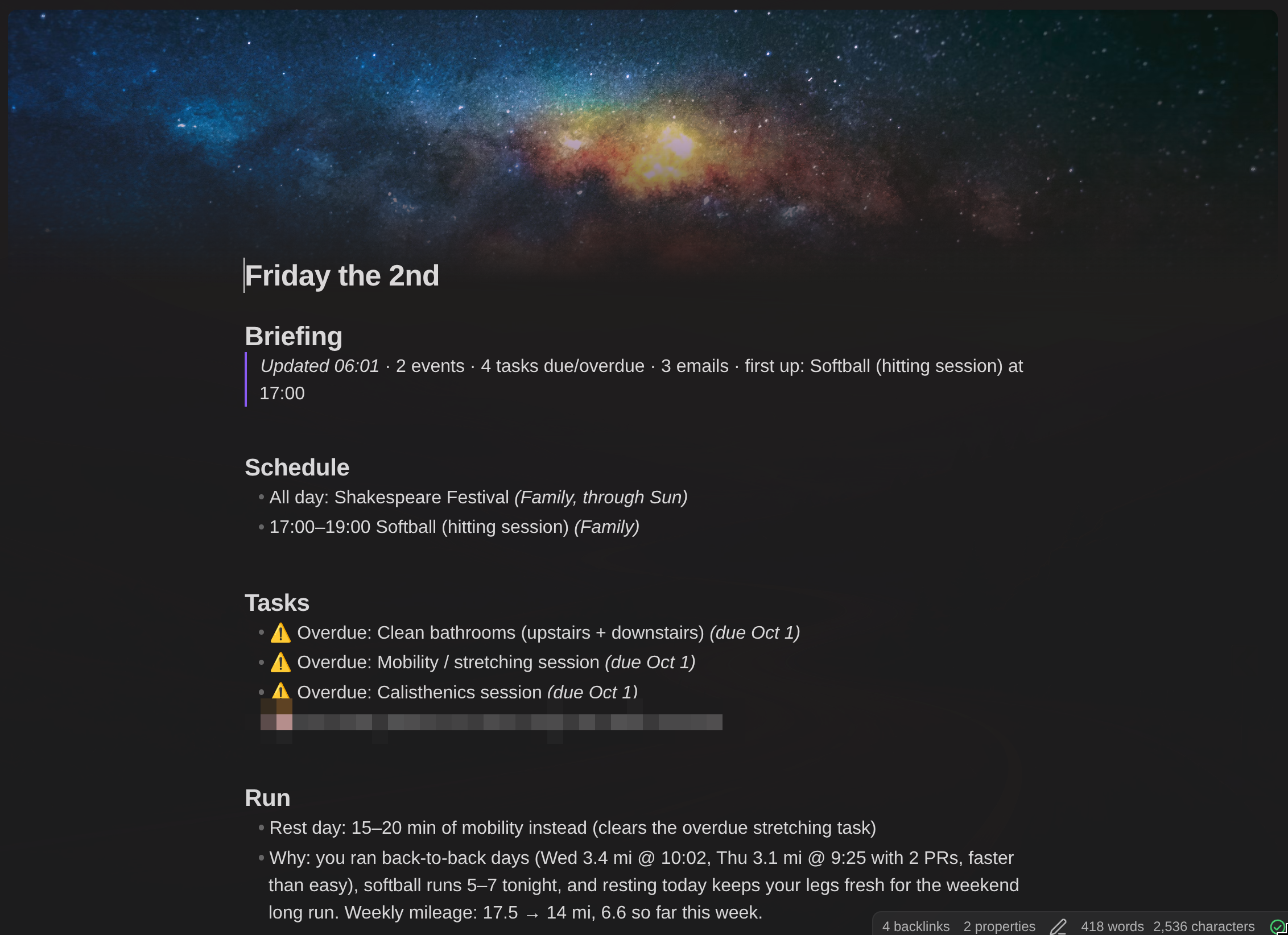 A morning briefing in an Obsidian daily note, with Schedule, Tasks, and Run sections